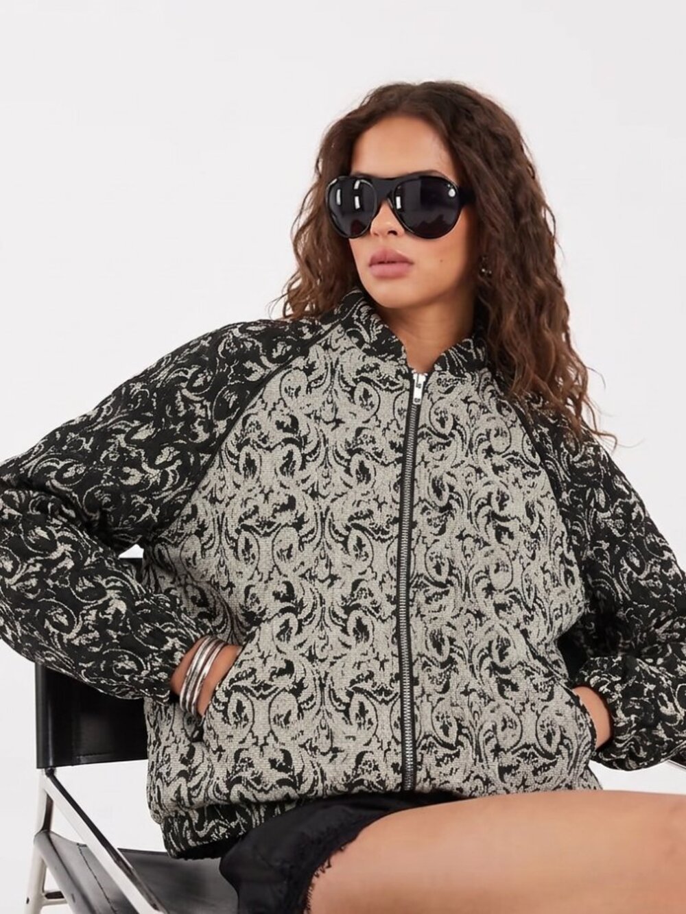 Warehouse Warm Silver Black Raised Brocade Bomber Jacket Women's US 12 06822214